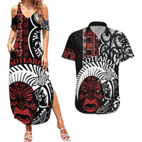 Honour The Treaty New Zealand Personalised Couples Matching Summer Maxi Dress and Hawaiian Shirt Toitu Te Tiriti Indigenous Maori Face LT9 Black - Polynesian Pride