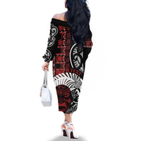 Honour The Treaty New Zealand Personalised Family Matching Off The Shoulder Long Sleeve Dress and Hawaiian Shirt Toitu Te Tiriti Indigenous Maori Face LT9 - Polynesian Pride