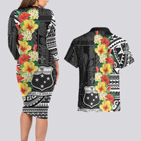 Samoa Tribal Hibiscus Flowers Couples Matching Long Sleeve Bodycon Dress and Hawaiian Shirt LT9 - Polynesian Pride