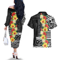 Samoa Tribal Hibiscus Flowers Couples Matching Off The Shoulder Long Sleeve Dress and Hawaiian Shirt LT9 - Polynesian Pride