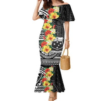 Samoa Tribal Hibiscus Flowers Family Matching Mermaid Dress and Hawaiian Shirt LT9 Mom's Dress Black - Polynesian Pride