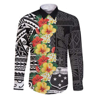 Samoa Tribal Hibiscus Flowers Family Matching Puletasi and Hawaiian Shirt LT9 Dad's Shirt - Long Sleeve Black - Polynesian Pride