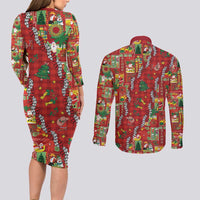 Mele Kalikimaka Pakalana Pikake Lei Couples Matching Long Sleeve Bodycon Dress and Long Sleeve Button Shirt Hawaiian Rodeo Paniolo Omaomao Palaka LT9 - Polynesian Pride