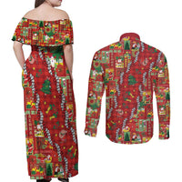 Mele Kalikimaka Pakalana Pikake Lei Couples Matching Off Shoulder Maxi Dress and Long Sleeve Button Shirt Hawaiian Rodeo Paniolo Omaomao Palaka LT9 - Polynesian Pride