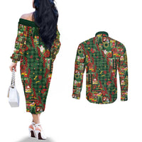 Mele Kalikimaka Pakalana Pikake Lei Couples Matching Off The Shoulder Long Sleeve Dress and Long Sleeve Button Shirt Hawaiian Rodeo Paniolo Ulaula Palaka LT9 - Polynesian Pride
