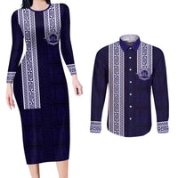 Tonga Queen Salote College 100 years Couples Matching Long Sleeve Bodycon Dress and Long Sleeve Button Shirt QSC 1926-2026 Tongan Pattern LT9 Blue - Polynesian Pride