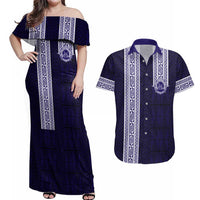 Tonga Queen Salote College 100 years Couples Matching Off Shoulder Maxi Dress and Hawaiian Shirt QSC 1926-2026 Tongan Pattern LT9 Blue - Polynesian Pride