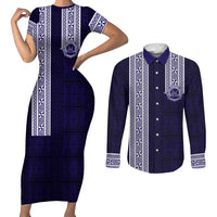 Tonga Queen Salote College 100 years Couples Matching Short Sleeve Bodycon Dress and Long Sleeve Button Shirt QSC 1926-2026 Tongan Pattern LT9 Blue - Polynesian Pride