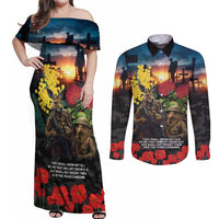 Kangaroo-Kiwi Soldier ANZAC Personalised Couples Matching Off Shoulder Maxi Dress and Long Sleeve Button Shirt Golden Wattle and Pohutukawa Flowers LT9 Black - Polynesian Pride