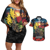 Kangaroo-Kiwi Soldier ANZAC Personalised Couples Matching Off Shoulder Short Dress and Hawaiian Shirt Golden Wattle and Pohutukawa Flowers LT9 Black - Polynesian Pride