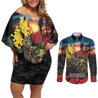 Kangaroo-Kiwi Soldier ANZAC Personalised Couples Matching Off Shoulder Short Dress and Long Sleeve Button Shirt Golden Wattle and Pohutukawa Flowers LT9 Black - Polynesian Pride