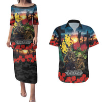 Kangaroo-Kiwi Soldier ANZAC Personalised Couples Matching Puletasi and Hawaiian Shirt Golden Wattle and Pohutukawa Flowers LT9 Black - Polynesian Pride