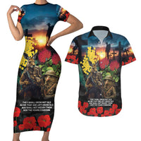Kangaroo-Kiwi Soldier ANZAC Personalised Couples Matching Short Sleeve Bodycon Dress and Hawaiian Shirt Golden Wattle and Pohutukawa Flowers LT9 Black - Polynesian Pride