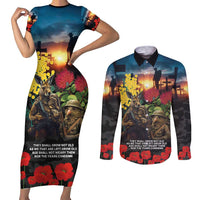 Kangaroo-Kiwi Soldier ANZAC Personalised Couples Matching Short Sleeve Bodycon Dress and Long Sleeve Button Shirt Golden Wattle and Pohutukawa Flowers LT9 Black - Polynesian Pride