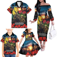 Kangaroo-Kiwi Soldier ANZAC Personalised Family Matching Off The Shoulder Long Sleeve Dress and Hawaiian Shirt Golden Wattle and Pohutukawa Flowers LT9 - Polynesian Pride