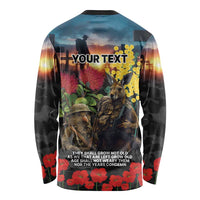 Kangaroo-Kiwi Soldier ANZAC Personalised Long Sleeve Shirt Golden Wattle and Pohutukawa Flowers LT9 - Polynesian Pride