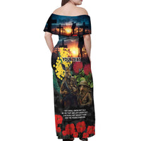Kangaroo-Kiwi Soldier ANZAC Personalised Off Shoulder Maxi Dress Golden Wattle and Pohutukawa Flowers LT9 - Polynesian Pride