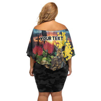 Kangaroo-Kiwi Soldier ANZAC Personalised Off Shoulder Short Dress Golden Wattle and Pohutukawa Flowers LT9 - Polynesian Pride