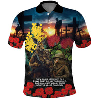 Kangaroo-Kiwi Soldier ANZAC Personalised Polo Shirt Golden Wattle and Pohutukawa Flowers LT9 Black - Polynesian Pride