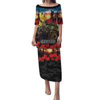 Kangaroo-Kiwi Soldier ANZAC Personalised Puletasi Golden Wattle and Pohutukawa Flowers LT9 Long Dress Black - Polynesian Pride