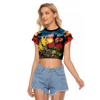 Kangaroo-Kiwi Soldier ANZAC Personalised Raglan Cropped T Shirt Golden Wattle and Pohutukawa Flowers LT9 Female Black - Polynesian Pride