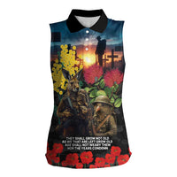 Kangaroo-Kiwi Soldier ANZAC Personalised Women Sleeveless Polo Shirt Golden Wattle and Pohutukawa Flowers LT9 Female Black - Polynesian Pride