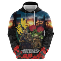 Kangaroo-Kiwi Soldier ANZAC Personalised Zip Hoodie Golden Wattle and Pohutukawa Flowers LT9 - Polynesian Pride