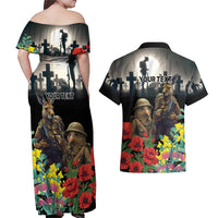Kangaroo-Kiwi Soldier ANZAC Personalised Couples Matching Off Shoulder Maxi Dress and Hawaiian Shirt Golden Wattle Poppy Flowers LT9 - Polynesian Pride