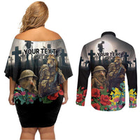 Kangaroo-Kiwi Soldier ANZAC Personalised Couples Matching Off Shoulder Short Dress and Long Sleeve Button Shirt Golden Wattle Poppy Flowers LT9 - Polynesian Pride