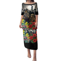 Kangaroo-Kiwi Soldier ANZAC Personalised Family Matching Puletasi and Hawaiian Shirt Golden Wattle Poppy Flowers LT9 Mom's Dress Black - Polynesian Pride