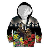 Kangaroo-Kiwi Soldier ANZAC Personalised Kid Hoodie Golden Wattle Poppy Flowers LT9 Hoodie Black - Polynesian Pride