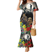 Kangaroo-Kiwi Soldier ANZAC Personalised Mermaid Dress Golden Wattle Poppy Flowers LT9 Women Black - Polynesian Pride