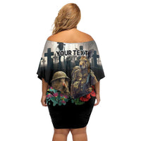 Kangaroo-Kiwi Soldier ANZAC Personalised Off Shoulder Short Dress Golden Wattle Poppy Flowers LT9 - Polynesian Pride