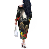 Kangaroo-Kiwi Soldier ANZAC Personalised Off The Shoulder Long Sleeve Dress Golden Wattle Poppy Flowers LT9 - Polynesian Pride