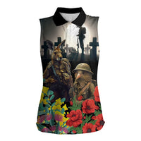 Kangaroo-Kiwi Soldier ANZAC Personalised Women Sleeveless Polo Shirt Golden Wattle Poppy Flowers LT9 Female Black - Polynesian Pride