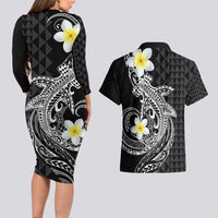 Aloha Hammerhead Shark Couples Matching Long Sleeve Bodycon Dress and Hawaiian Shirt Black Hawaiian Kakau Tribal Tattoo LT9 - Polynesian Pride