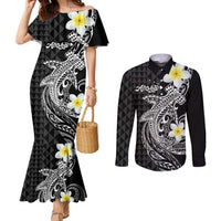 Aloha Hammerhead Shark Couples Matching Mermaid Dress and Long Sleeve Button Shirt Black Hawaiian Kakau Tribal Tattoo LT9 Black - Polynesian Pride