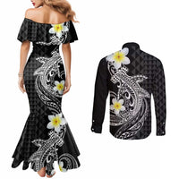 Aloha Hammerhead Shark Couples Matching Mermaid Dress and Long Sleeve Button Shirt Black Hawaiian Kakau Tribal Tattoo LT9 - Polynesian Pride