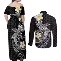 Aloha Hammerhead Shark Couples Matching Off Shoulder Maxi Dress and Long Sleeve Button Shirt Black Hawaiian Kakau Tribal Tattoo LT9 - Polynesian Pride