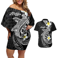 Aloha Hammerhead Shark Couples Matching Off Shoulder Short Dress and Hawaiian Shirt Black Hawaiian Kakau Tribal Tattoo LT9 Black - Polynesian Pride