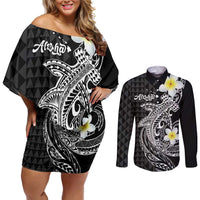 Aloha Hammerhead Shark Couples Matching Off Shoulder Short Dress and Long Sleeve Button Shirt Black Hawaiian Kakau Tribal Tattoo LT9 Black - Polynesian Pride