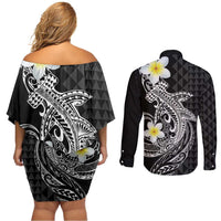 Aloha Hammerhead Shark Couples Matching Off Shoulder Short Dress and Long Sleeve Button Shirt Black Hawaiian Kakau Tribal Tattoo LT9 - Polynesian Pride