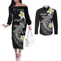 Aloha Hammerhead Shark Couples Matching Off The Shoulder Long Sleeve Dress and Long Sleeve Button Shirt Black Hawaiian Kakau Tribal Tattoo LT9 Black - Polynesian Pride