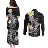 Aloha Hammerhead Shark Couples Matching Puletasi and Long Sleeve Button Shirt Black Hawaiian Kakau Tribal Tattoo LT9 - Polynesian Pride