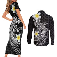 Aloha Hammerhead Shark Couples Matching Short Sleeve Bodycon Dress and Long Sleeve Button Shirt Black Hawaiian Kakau Tribal Tattoo LT9 - Polynesian Pride