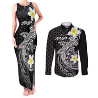 Aloha Hammerhead Shark Couples Matching Tank Maxi Dress and Long Sleeve Button Shirt Black Hawaiian Kakau Tribal Tattoo LT9 Black - Polynesian Pride