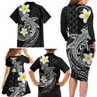 Aloha Hammerhead Shark Family Matching Long Sleeve Bodycon Dress and Hawaiian Shirt Black Hawaiian Kakau Tribal Tattoo LT9 - Polynesian Pride