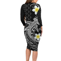 Aloha Hammerhead Shark Family Matching Long Sleeve Bodycon Dress and Hawaiian Shirt Black Hawaiian Kakau Tribal Tattoo LT9 - Polynesian Pride