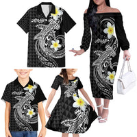 Aloha Hammerhead Shark Family Matching Off The Shoulder Long Sleeve Dress and Hawaiian Shirt Black Hawaiian Kakau Tribal Tattoo LT9 - Polynesian Pride