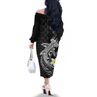Aloha Hammerhead Shark Family Matching Off The Shoulder Long Sleeve Dress and Hawaiian Shirt Black Hawaiian Kakau Tribal Tattoo LT9 - Polynesian Pride